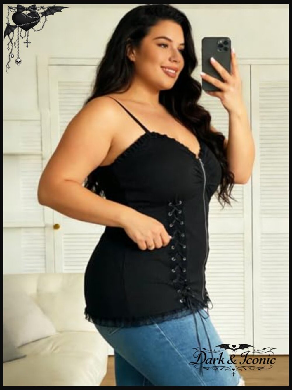 Plus Size Corset Lace Up Cami Top Gothic Ribbed Stretch Sleeveless - Picture 5 of 7